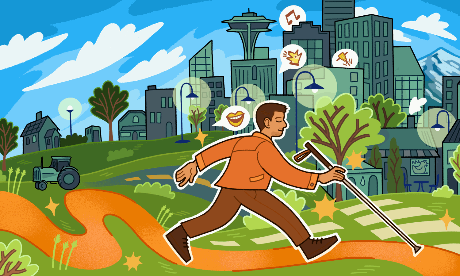 An illustration a man using a cane to navigate a city because he is blind. Miguel Chavez grew up in rural Washington, where few resources existed for people with disabilities. Through education & self-advocacy, he finds opportunities in a new environment & community in his chosen family.