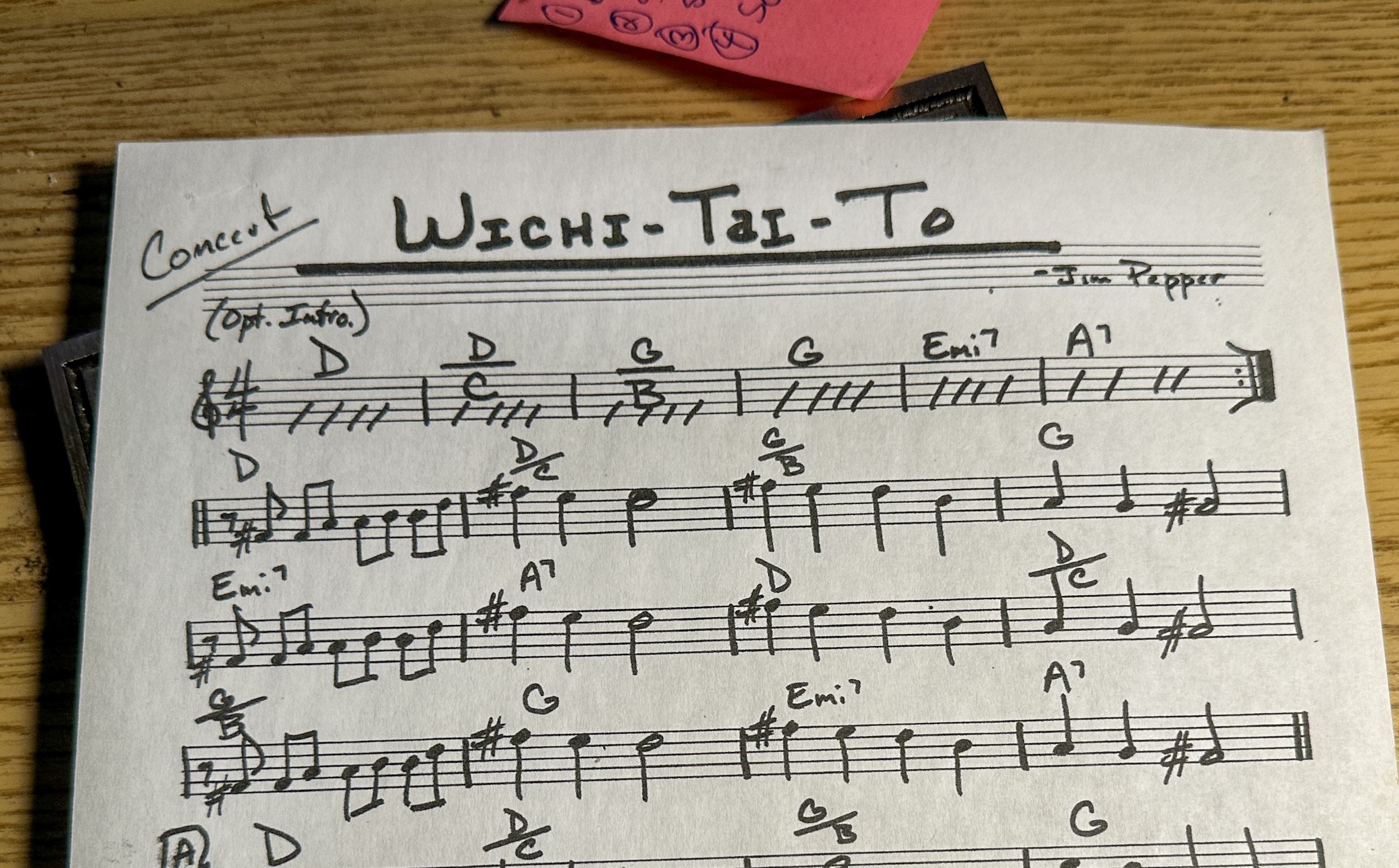 Sheet music for Jim Pepper’s song “Wichi Tai To” sits on the desk at Sean Cruz’s house.